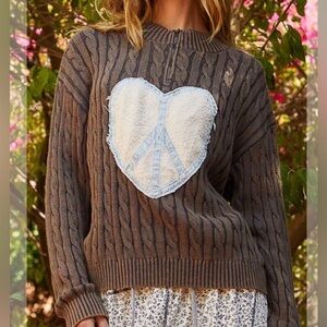 POL Cable-Knit Peace Patch Dropped Shoulder Sweater in Dark Grey Sz Medi…
